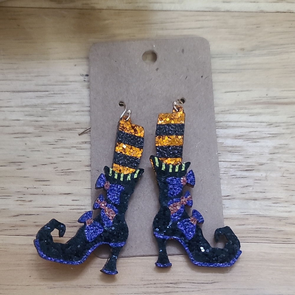 Embelished Halloween Witch Boot Earrings